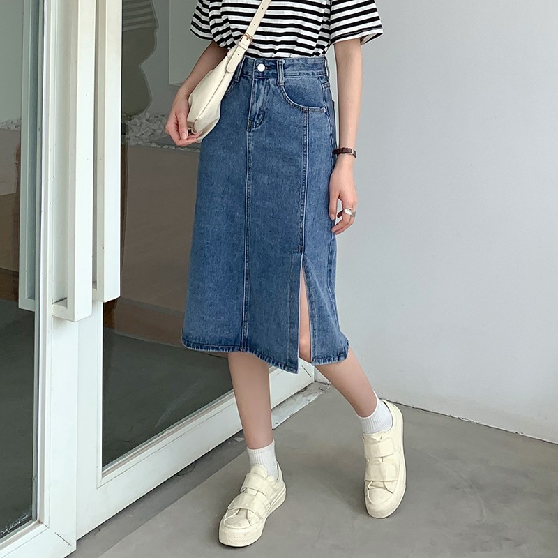 Chân váy Jean denim Thiết kế Midi dài Xẻ tà Lưng cao Dáng chữ A Váy Bò dài Cạp cao Thời trang | BigBuy360 - bigbuy360.vn