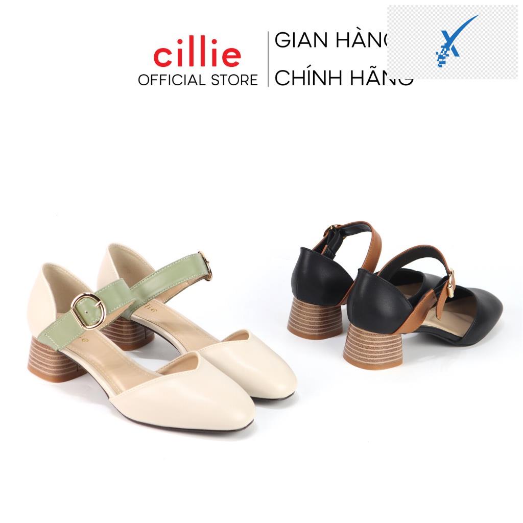 🖐️ Giày sandal cao gót nữ mũi tròn cổ điển phối màu tươi mới gót vuông 4cm đi học đi làm Cillie 1133 🖐️