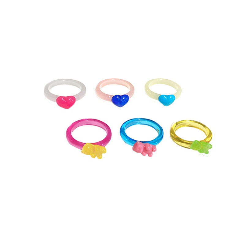 Set 2 Nhẫn Nhựa Hình Trái Tim/Gấu Nhiều Màu Dễ Thương