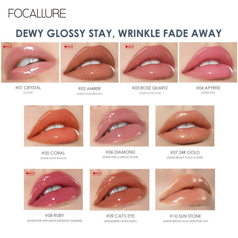 FOCALLURE Glitter Jelly Liquid Lip Gloss/Moisturizing Lip Glaze/Plumping Shiny Lipstick/Brightening Lasting Nourishing Cosmetic Makeup/Oil Lips Tint