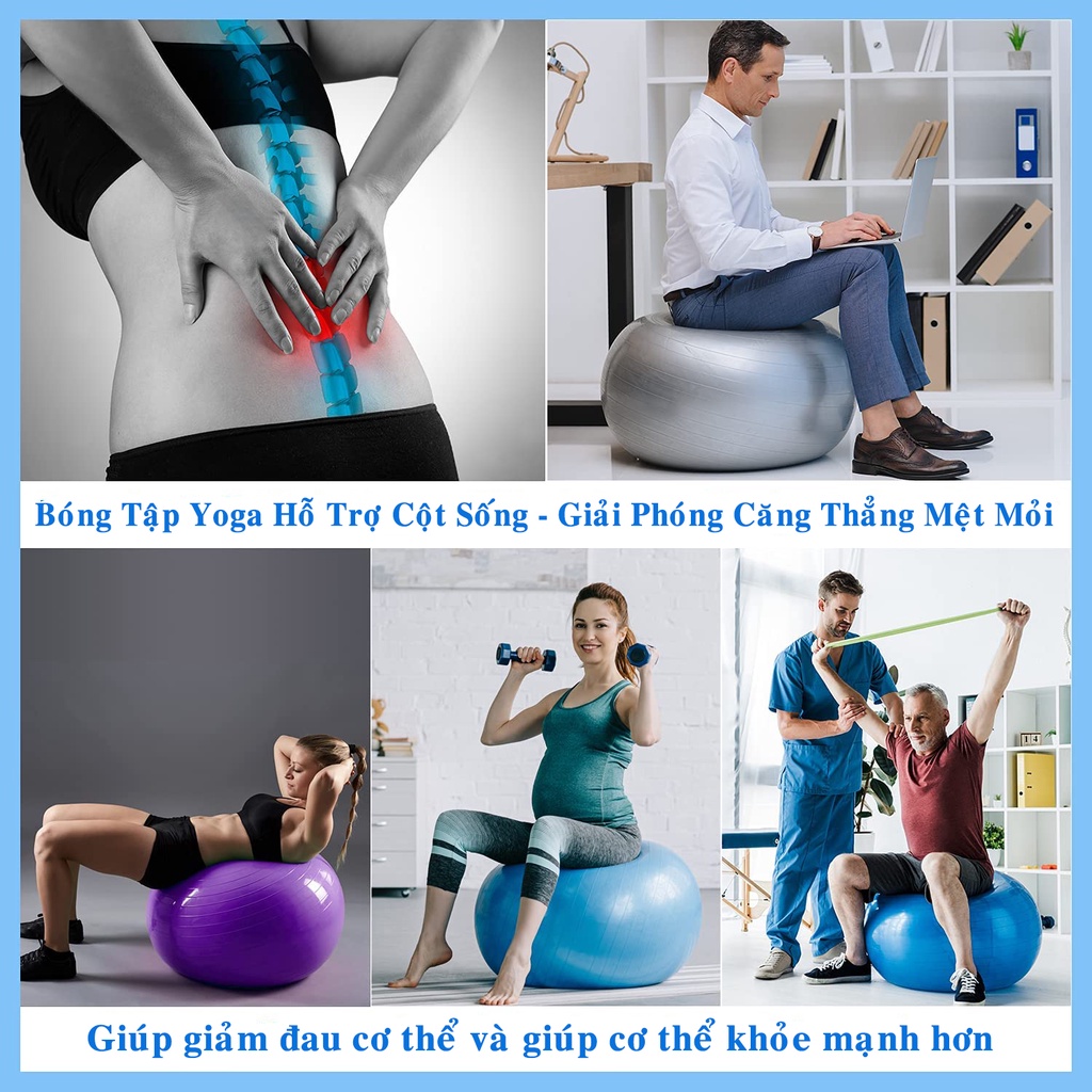 Bóng Tập Yoga Cỡ Đại 65Cm Cao Cấp Chống Nổ (Dày 2mm) Chống Trượt, Bền, Chắc, Đàn Hồi Tốt - Kèm Bơm, Van Kim Giữ Hơi Bóng