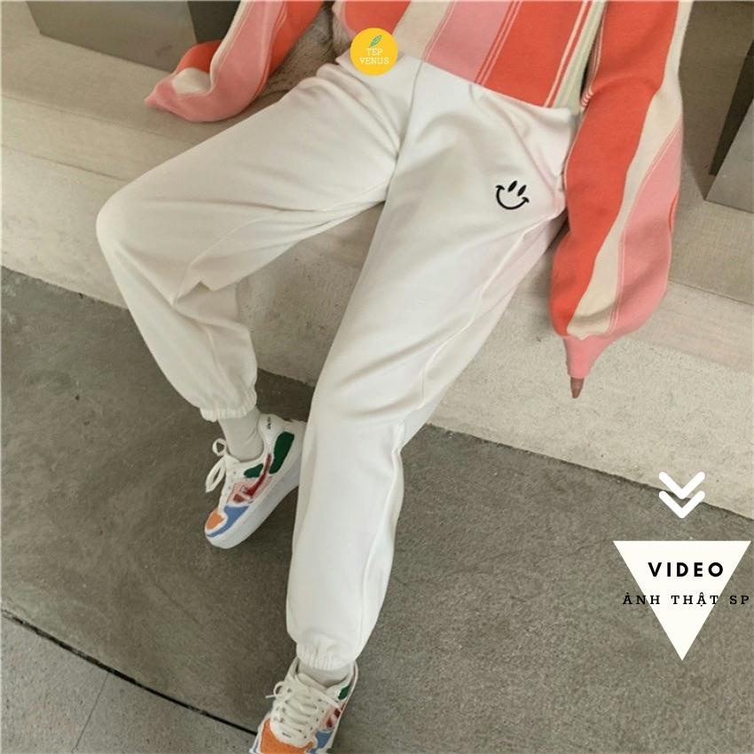 Quần Jogger Nỉ Nữ Thêu Mặt Cười Quần Ống Rộng Bo Gấu Chất Nỉ Dày Dặn Tep Venus