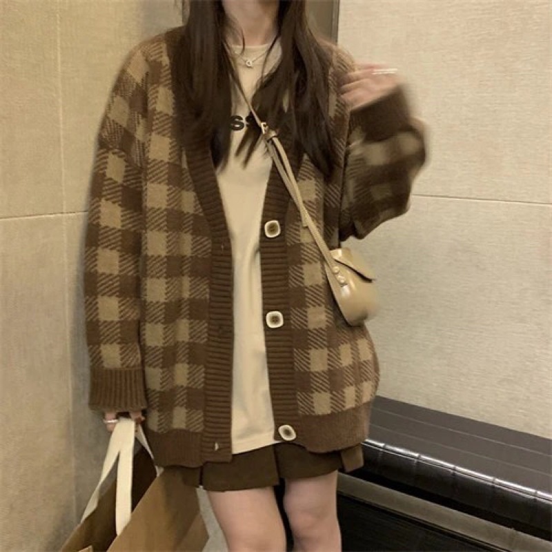 Áo Khoác Cardigan | Áo Len Cardigan kẻ caro Nâu khuy áo Hot trend phong cách ulzzang hàn Quốc