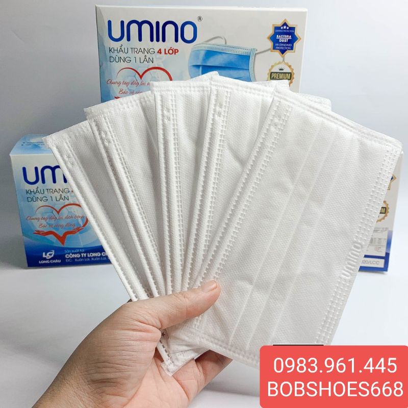 Khẩu trang y tế 4 lớp UMINO màu TRẮNG dày không xù (Set 50 cái)