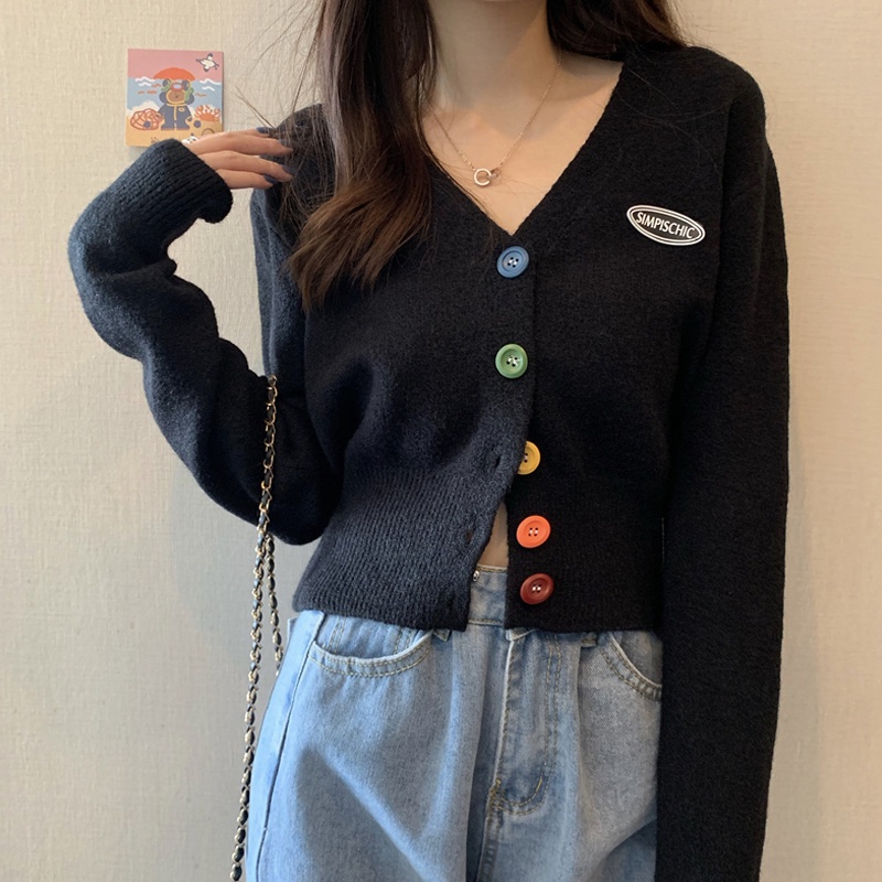 Màu Sắc Áo Khoác Cardigan Dệt Kim Tay Dài Dáng Rộng Cổ Chữ V Phối Nút Phong Cách Hàn Quốc Cho Nữ
