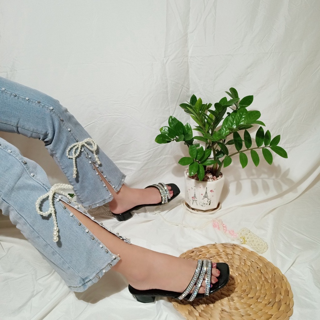Giày sandal nữ 3cm 3 quai đính đá lấp lánh đi chơi,đi học, đi làm sang chảnh hình chụp thật_tb đá 3p