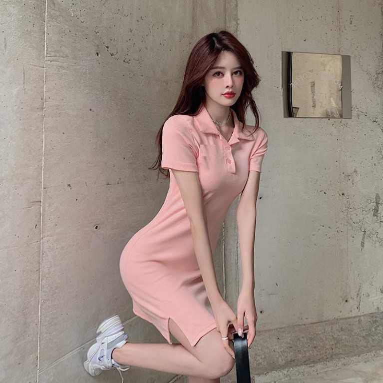 Váy Polo Trơn Pastel PEONYB Nữ [FREESHIP] 🌸 Đầm cổ sơ mi dáng ôm body, thun cộc tay màu ĐEN