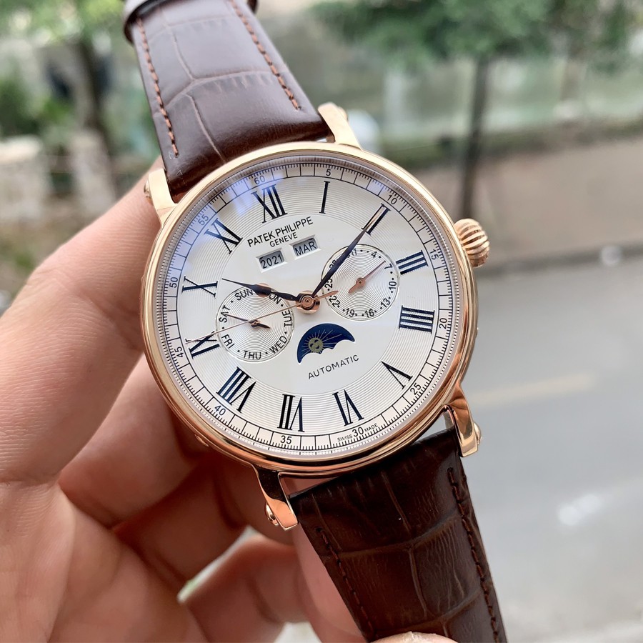 Đồng hồ Nam Patek máy nhật, mẫu Lịch vạn niên mặt trắng viền vàng dây thép, dòng cơ Automatic size 41mm-42mm