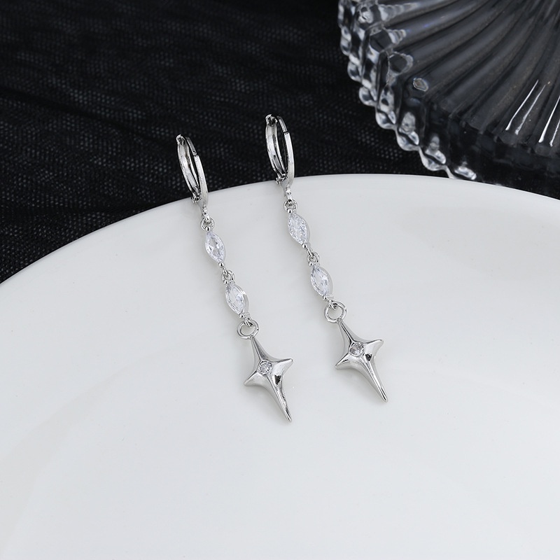 Bông Tai Dáng Dài Hình Chữ Thập/ Ngôi Sao Bốn Cánh Đính Đá Zircon Thời Trang Cho Nữ F524