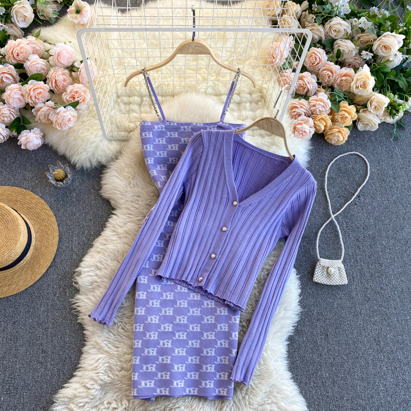 Bộ Đầm Dệt Kim Cardigan Hai Món Phong Cách Hồng Kông Thời Trang Mùa Xuân Mới Cho Nữ 2021