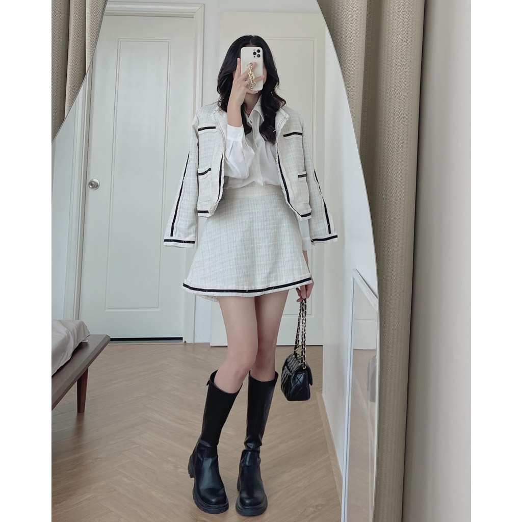 (ảnh thật) Audrey Set dạ tweed chạy viền áo khoác mix chân váy chữ A 7765 | BigBuy360 - bigbuy360.vn