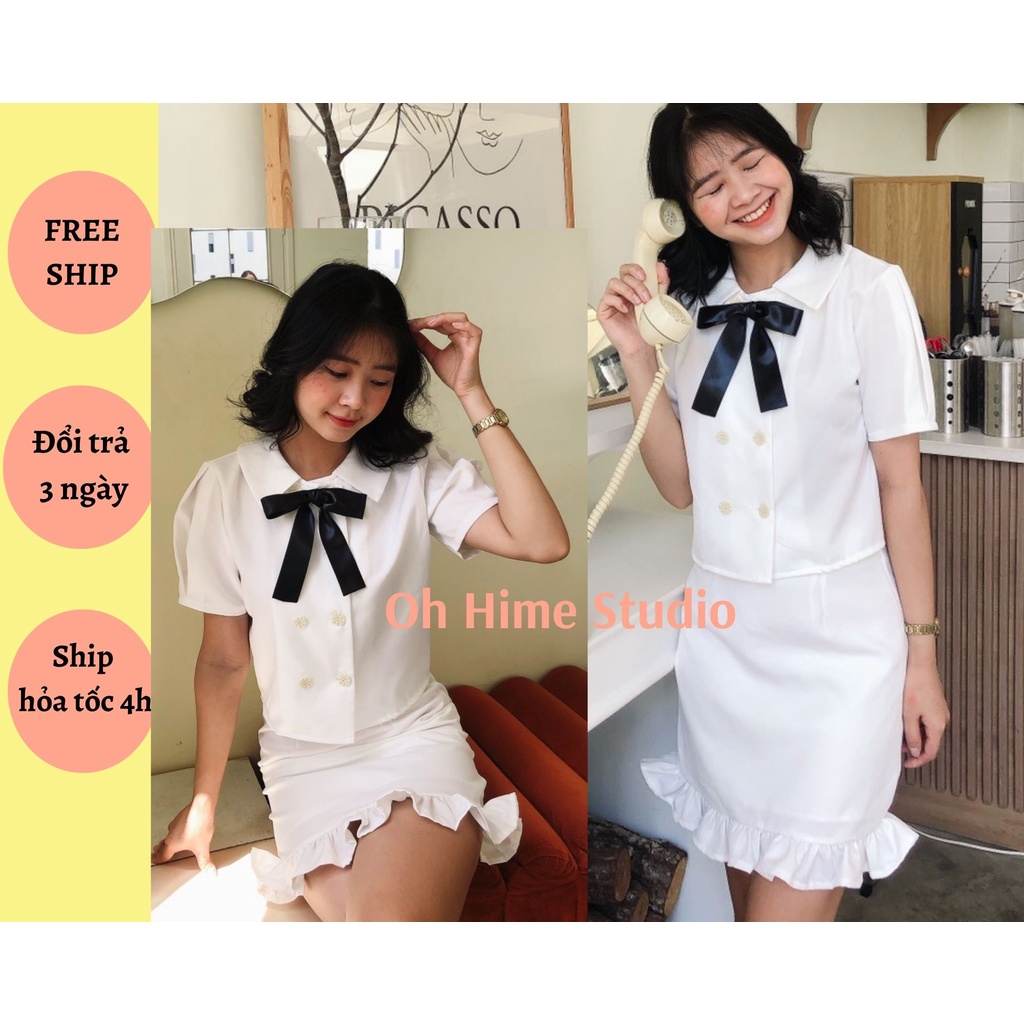 Set đồ nữ áo kiểu croptop nơ cổ,chân váy ôm thiết kế thanh lịch,sang chảnh đi học,công sở,đi tiệc,dạ