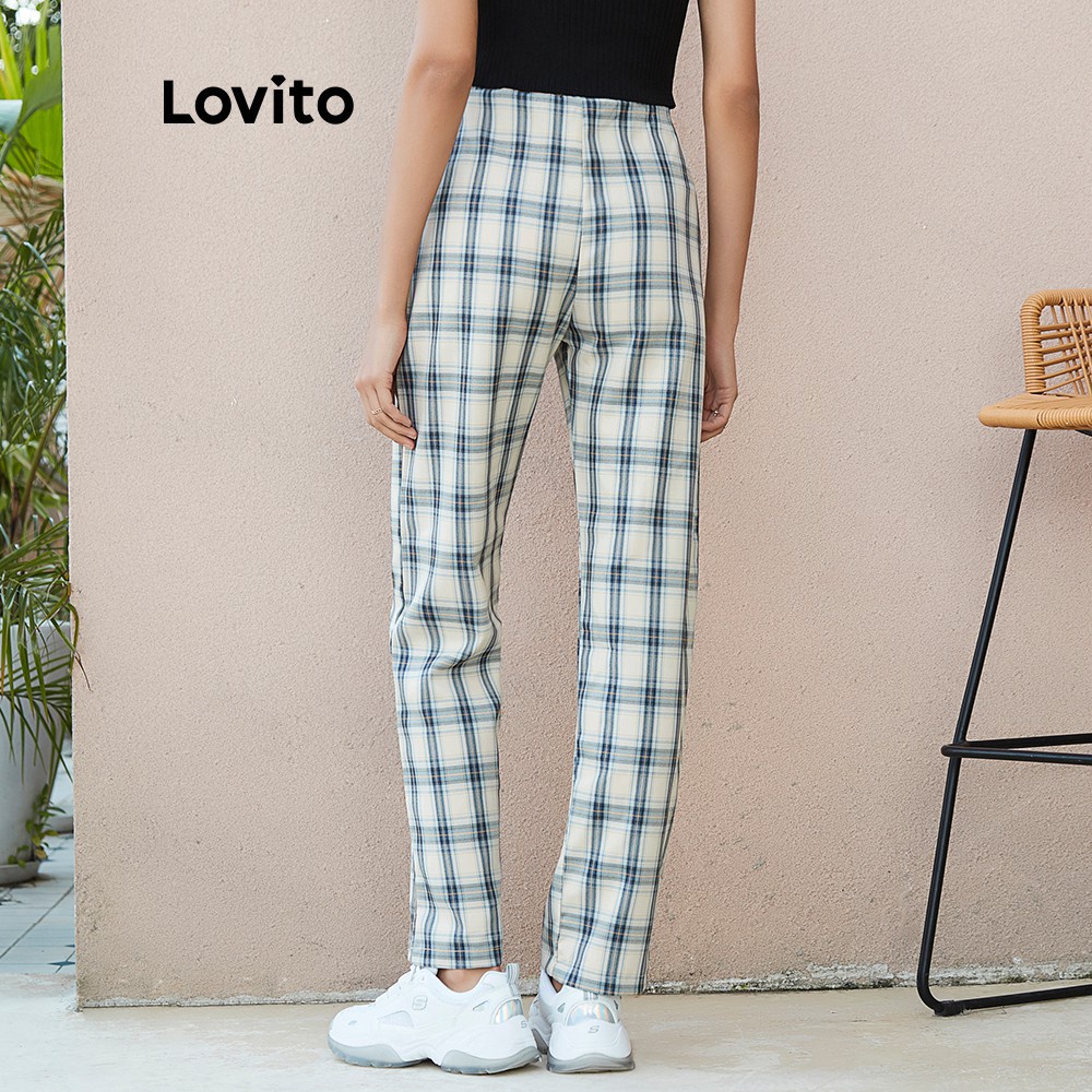 Quần dài Lovito L02064 lưng cao họa tiết sọc caro màu xanh dương thời trang cho nữ