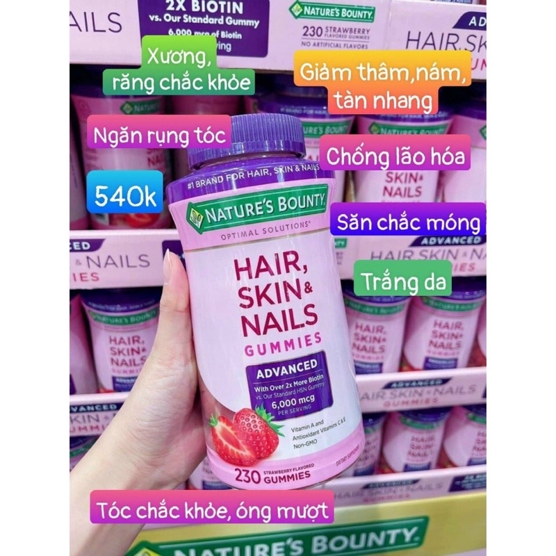 🍓🍭 Kẹo dẻo đẹp Da Tóc Móng NATURE’S BOUNTY 𝐇𝐚𝐢𝐫, 𝐒𝐤𝐢𝐧, & 𝐍𝐚𝐢𝐥 𝐆𝐮𝐦𝐦𝐢𝐞𝐬 6000mcg 𝐌𝐲̃ 🍡🍓