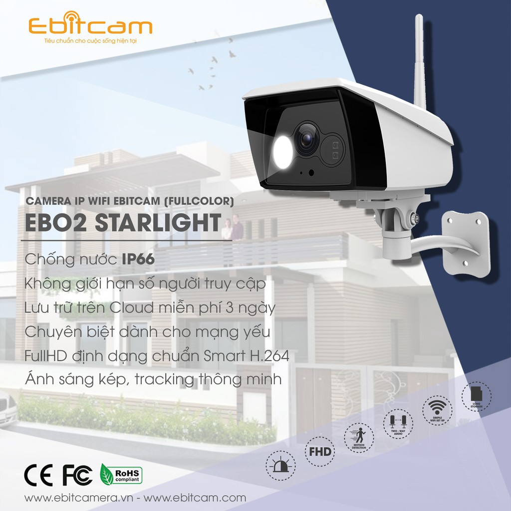 Camera kết nối WIFI Ngoài trời EBITCAM EBO2 STARLIGHT - Đèn ánh sáng trắng tự động, full HD 1080P - 2MP rõ nét ngày đêm