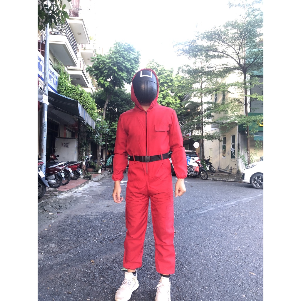 Bộ quần áo kèm mặt nạ hóa trang trong phim Trò chơi con mực Squid Game chơi lễ hội halloween cho trẻ em và người lớn