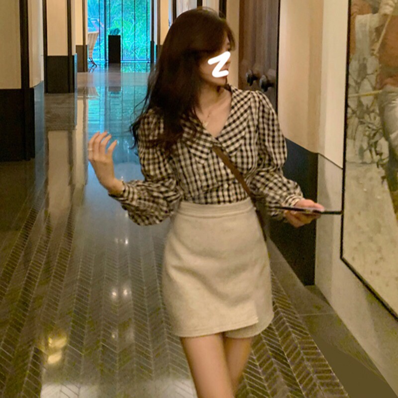 Áo Sơ Mi Nữ Ca Rô Dài Tay Cổ Bẻ Thời Trang Hàn