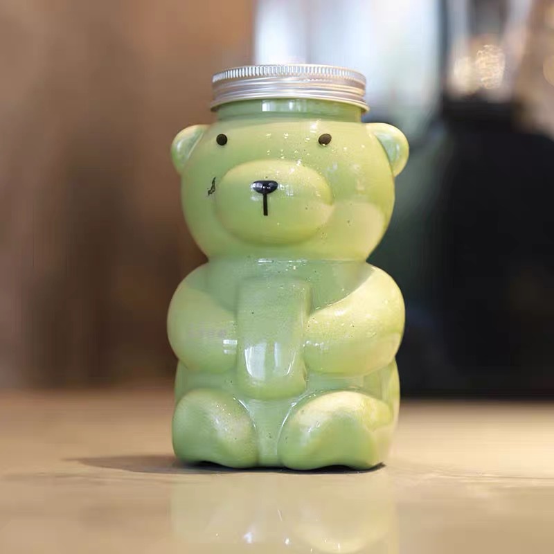 PVN33738 Bình chai nhựa PET hình gấu Teddy đựng trà sữa, nước ép hoa quả 420ml có nắp đậy bằng nhôm