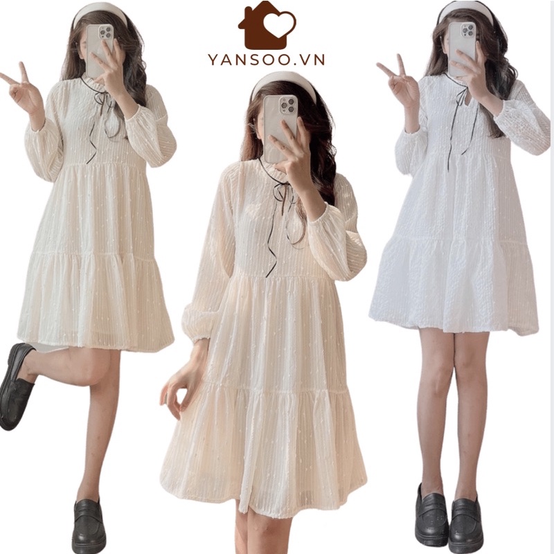 Váy babydoll trắng ren hạt hai lớp cổ nơ tay bồng , đầm bánh bèo  by YANSOO