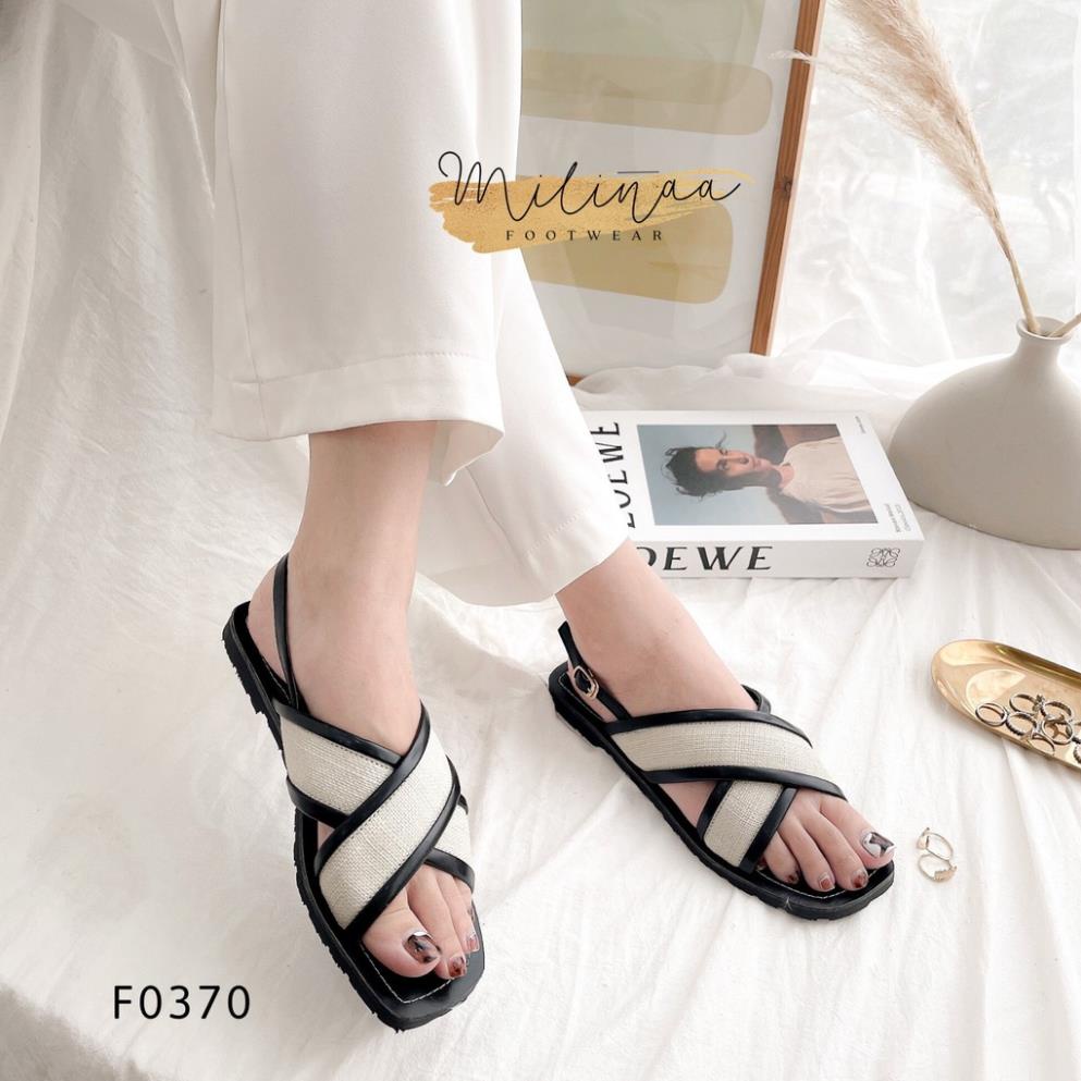 new GIÀY SANDAL NỮ ĐẾ BỆT HAI QUAI CHÉO TO PHỐI NỈ HẬU GÀI F0370
