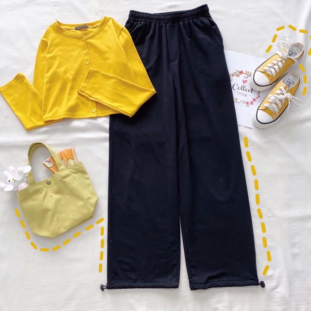 Set LongPants Basic-CropTop Nút Basic Tay Dài Ảnh Thật 100%