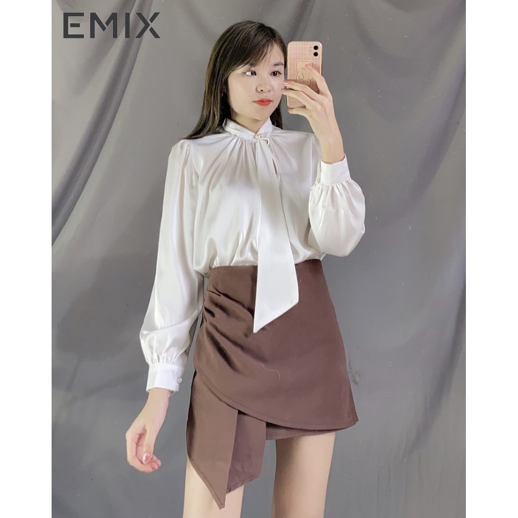 Set áo sơ mi nữ chất lụa phối nơ dài tay mix chân váy ngắn dáng chữ A vạt chéo họa tiết EMIX năng động | BigBuy360 - bigbuy360.vn