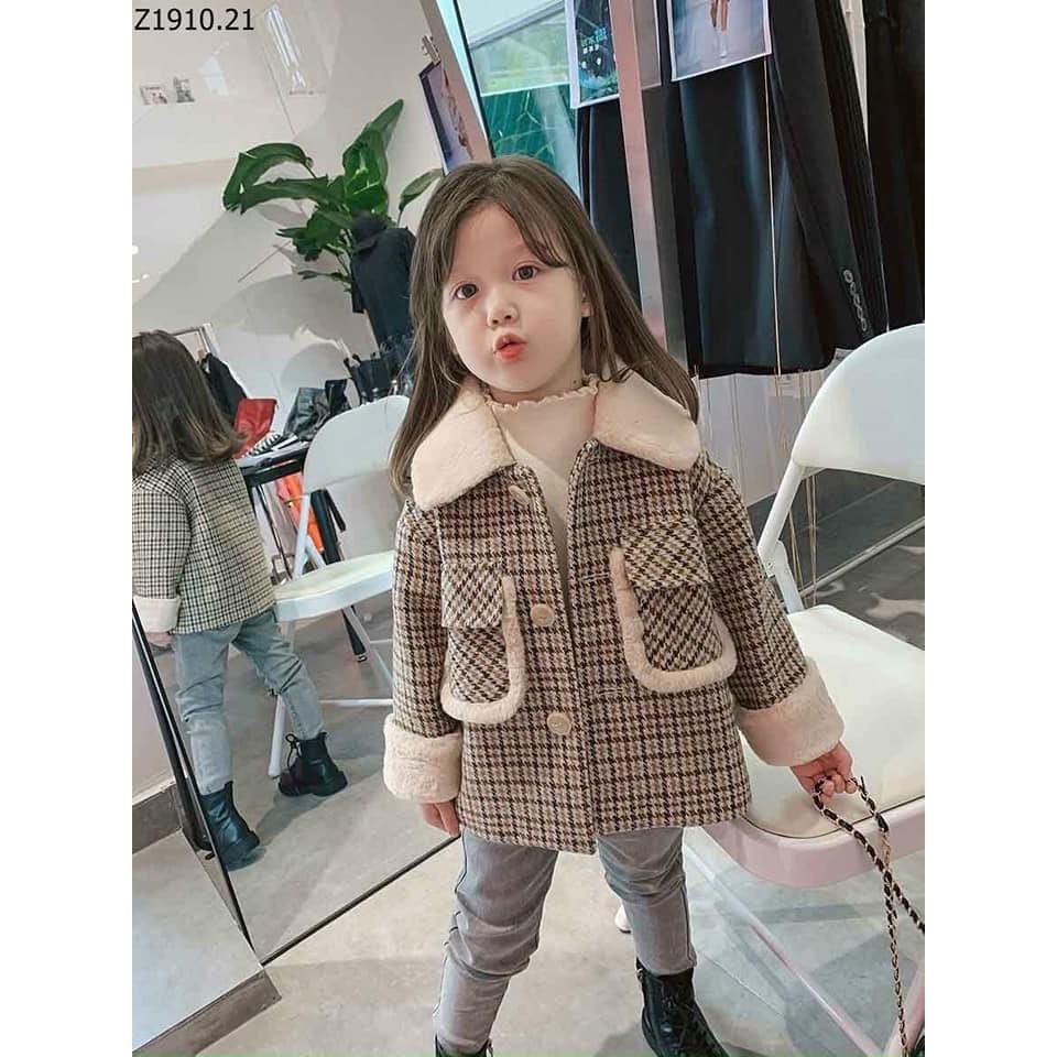Áo Khoác Dạ Kẻ Cổ Lông Lót Phao Phong Cách Hàn Quốc Cho Bé Gái -Q11800