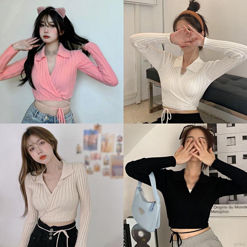 Áo croptop dệt kim tay dài cổ chữ V màu trơn phong cách Hàn Quốc cho nữ