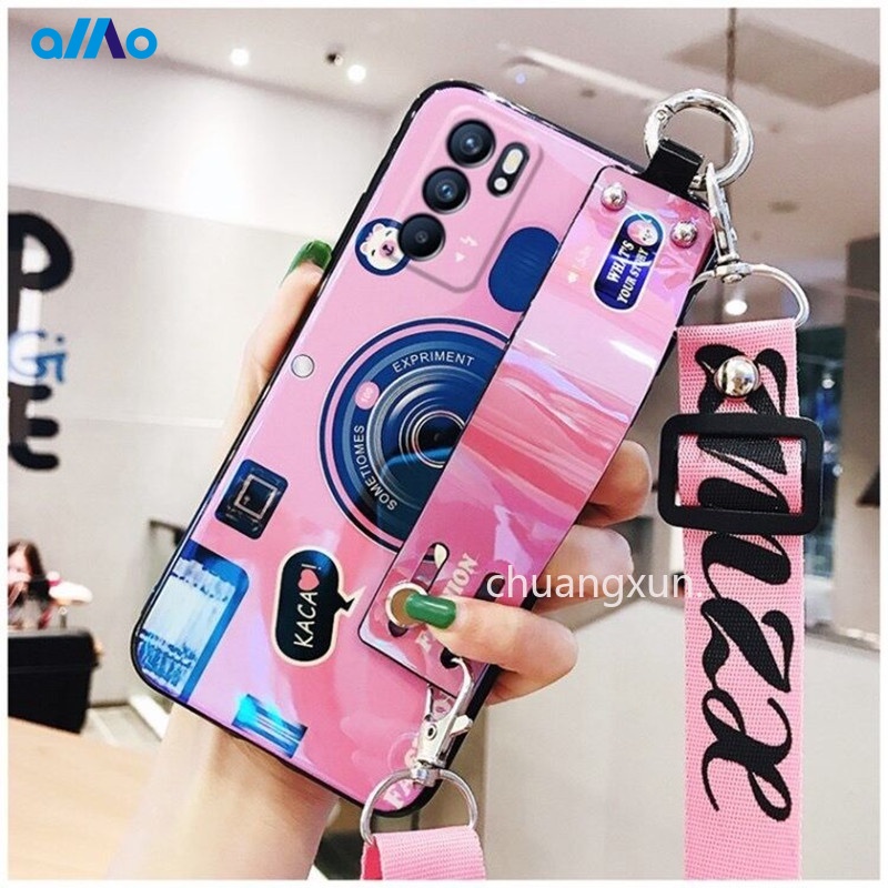 Ốp điện thoại hình máy ảnh ánh sáng xanh lam thời trang có dây đeo dành cho Oppo Reno6 Reno6 Z 5g