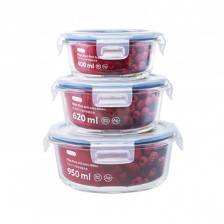 Hộp thủy tinh kháng khuẩn tròn nikko 400ml-620ml-950ml chính hãng inochi