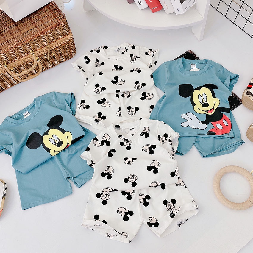 Bộ Quần Áo Cộc Tay MinkyMom Vải Cao Cấp In Hình Micky Trắng Xanh Cho Bé Từ 8-20kg Mac CT07