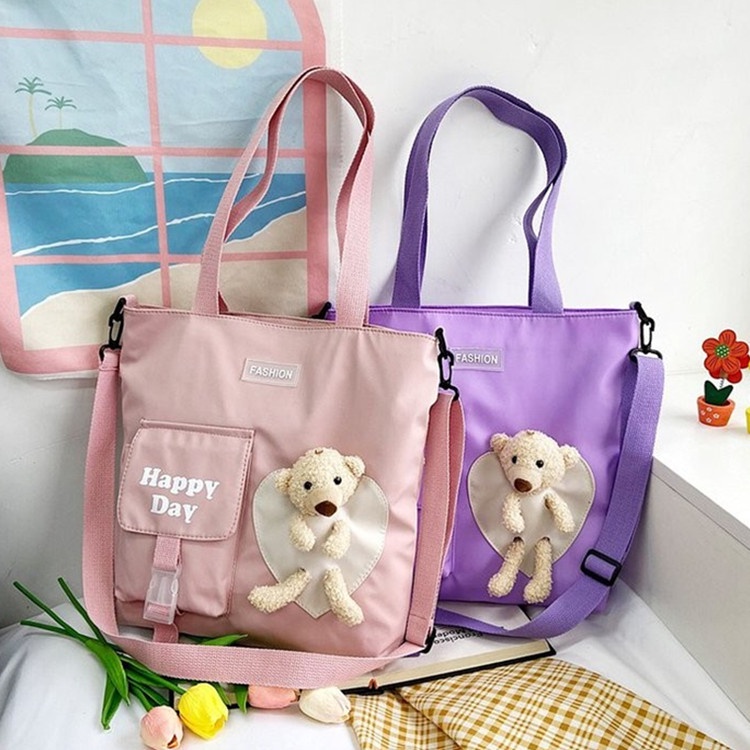 Túi Đeo Vai Vải Canvas Hình Gấu Bông Dễ Thương Dành Cho Học Sinh Nữ