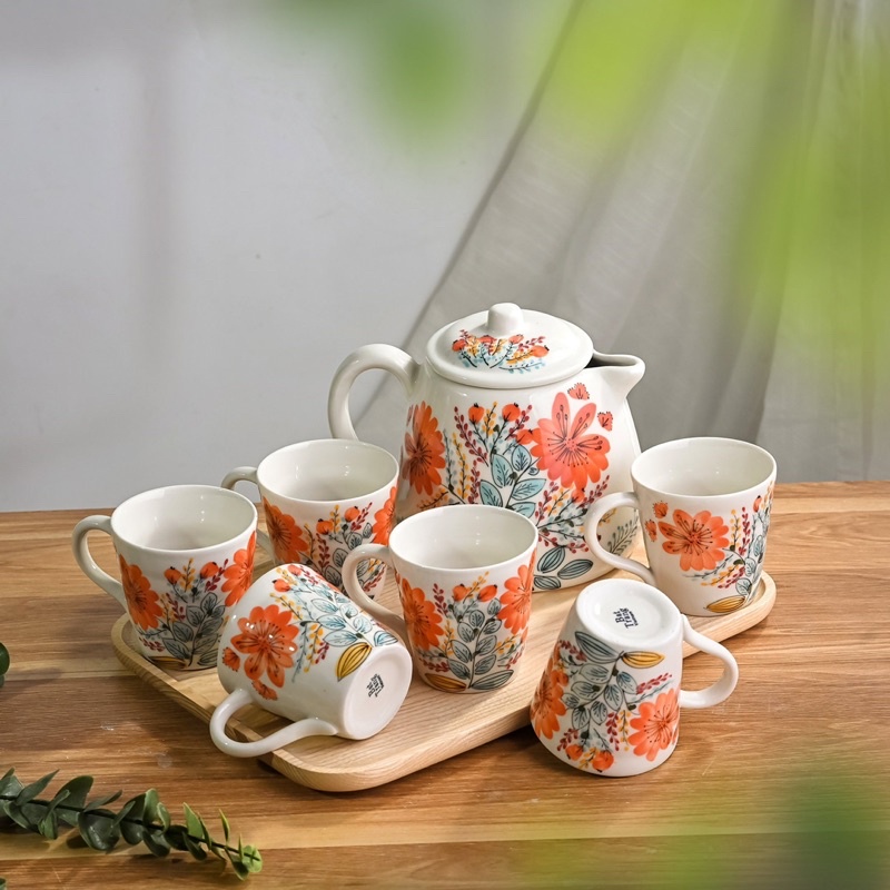 Bộ ấm chén trà - Bộ bình uống nước họa tiết vẽ tay Gốm Sứ Bát Tràng cao cấp