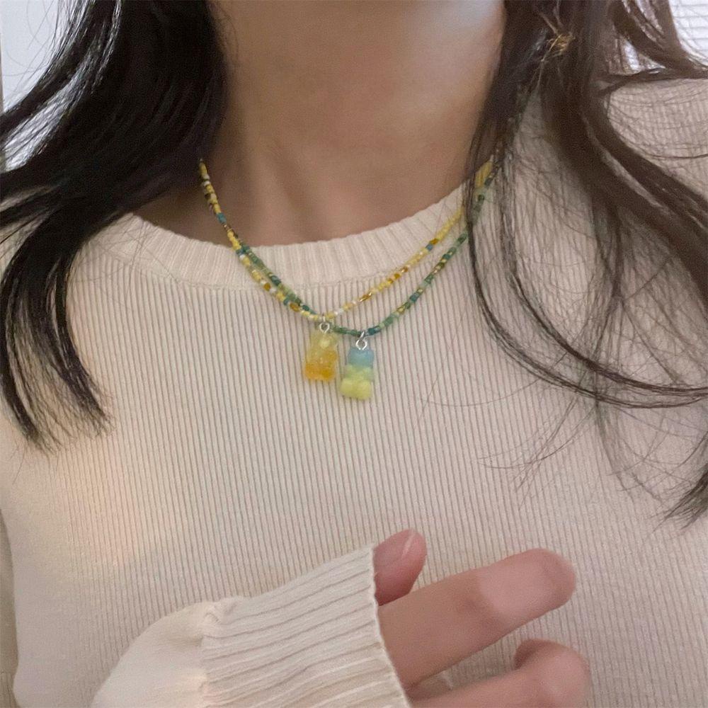 MXGOODS Vòng cổ Xâu Hạt Mặt Hình Gấu Hoạt Hình Màu Gradient Phong Cách Bohemia Dành Cho Nữ
