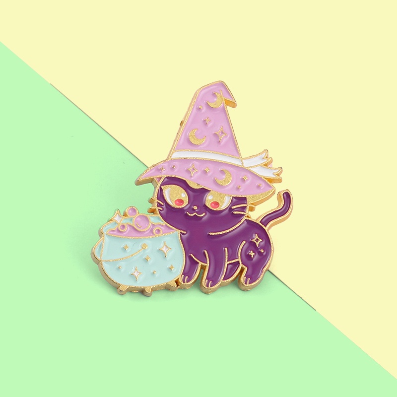 Ghim Cài Áo Kim Loại Tráng Men Hình Mèo Phù Thủy Màu Tím Phong Cách Gothic 2021