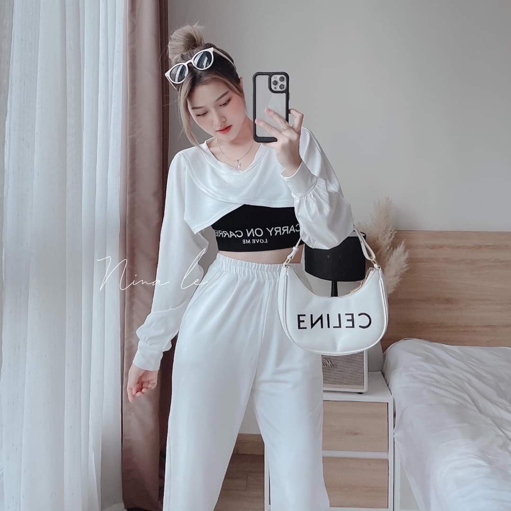 Sét đồ bộ nữ tay dài croptop trẻ trung phối quần tôn dáng cá tính siêu xinh