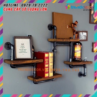 Kệ treo tường gỗ 4 tầng kệ ống nước chất liệu ống sắt và gỗ lắp ráp trang trí nhà và quán cafe độc đáo