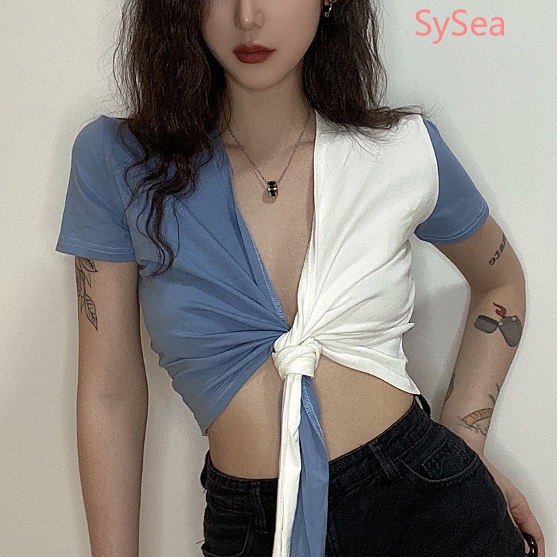 Áo croptop tay ngắn cổ chữ V phong cách thời trang mùa hè cho nữ