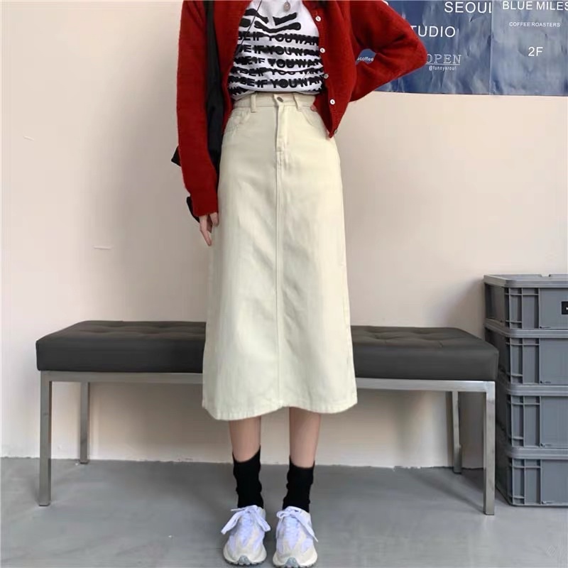chân váy chữ A thô xoè xẻ sau dáng dài vintage