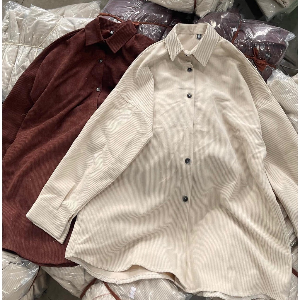 [Ảnh thật/Sẵn] Áo sơ mi nhung tăm trơn dài tay oversize form rộng ulzzang