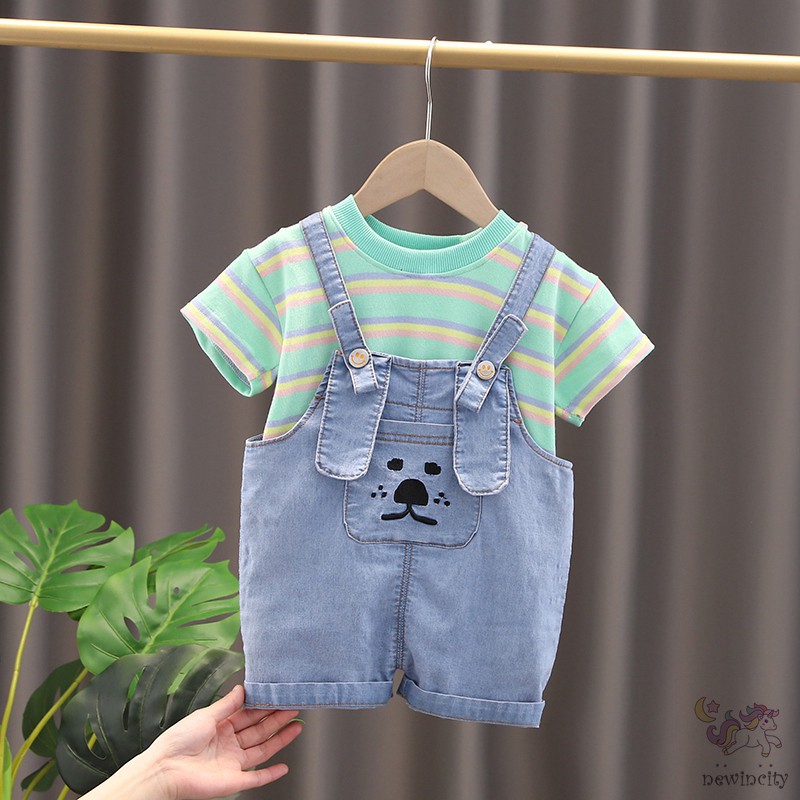 Bộ áo thun cổ tròn kẻ sọc + quần yếm denim cá tính cho bé