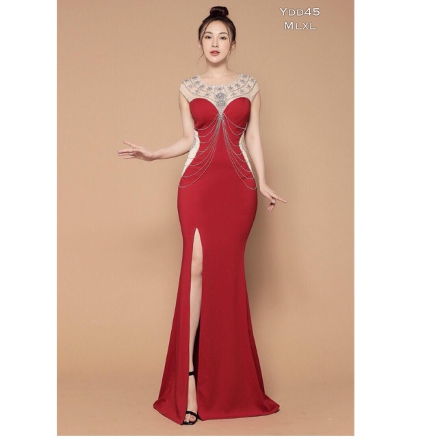 Đầm maxi dạ hội cao cấp xẻ đùi phối lưới kết cườm hàng thiết kế
