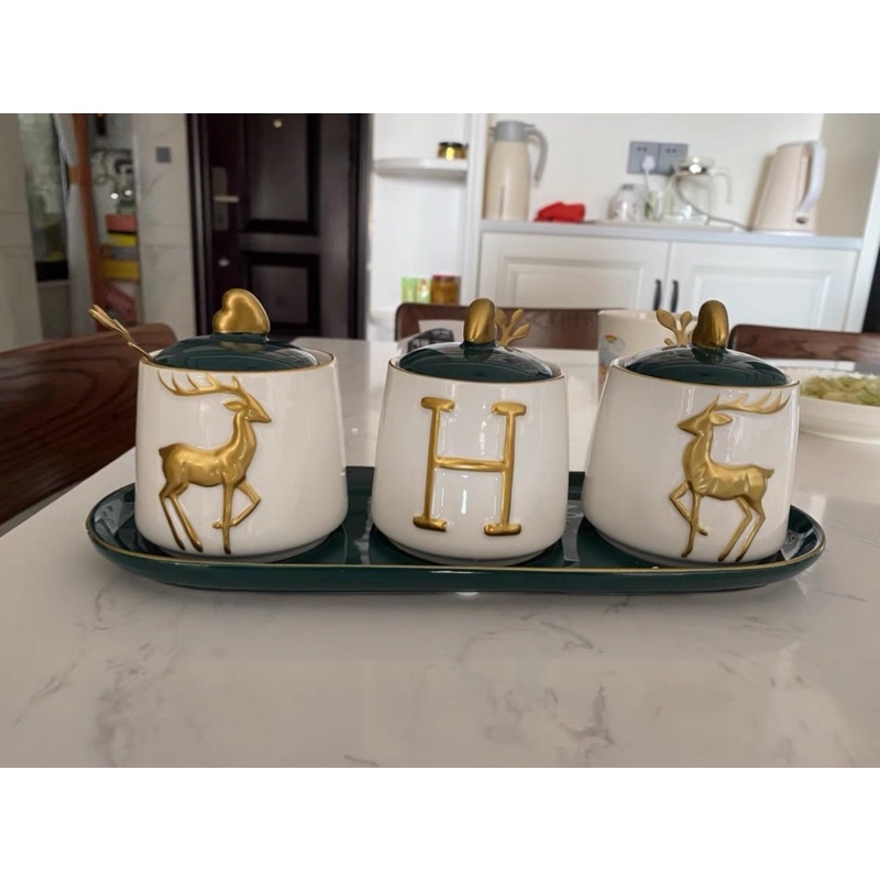 Bộ gia vị gốm sứ vân nổi hình hươu , chữ home