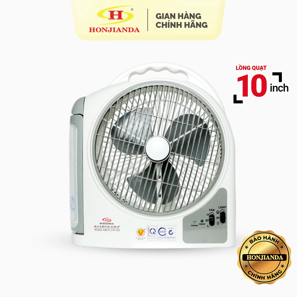 Quạt sạc tích điện dạng hộp AC&DC 10 inch Honjianda FL223/FL213 1-2 bình - có đèn LED & USB