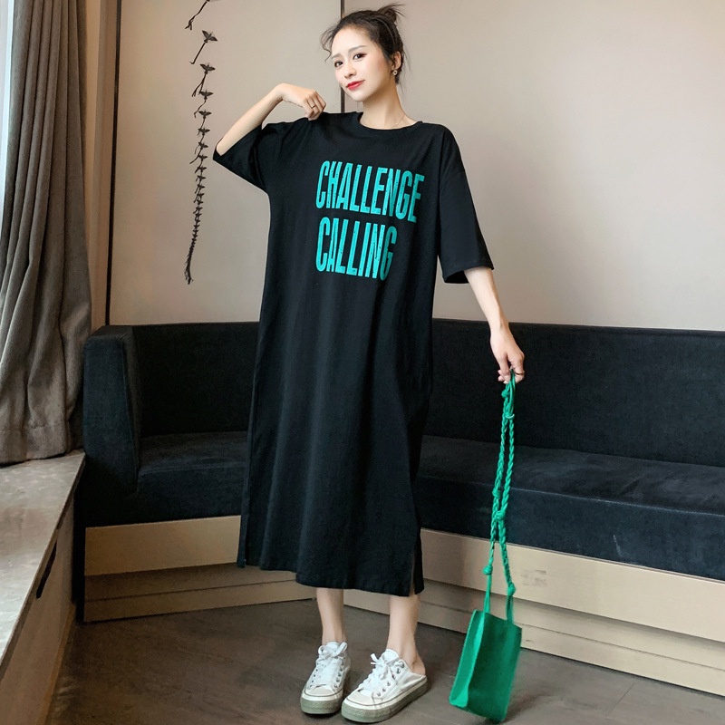 Đầm Suông Thun Tay Ngắn Dáng Rộng In Kiểu Chữ Chất Cotton Mềm Mát Tới 75kg Phong Cách Trẻ Trung TTDS0477