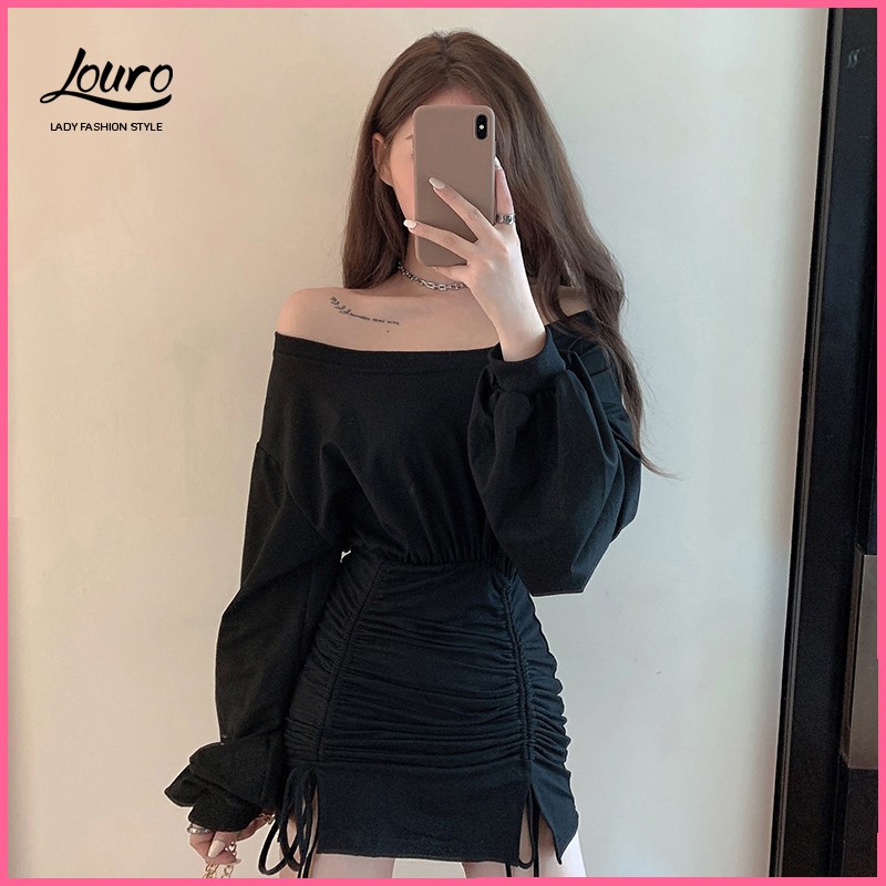 Váy đầm len tăm body rút dây💟FREESHIP💟mẫu váy đầm body dài tay lệch vai dây rút tôn dáng cực xinh-L027 | WebRaoVat - webraovat.net.vn