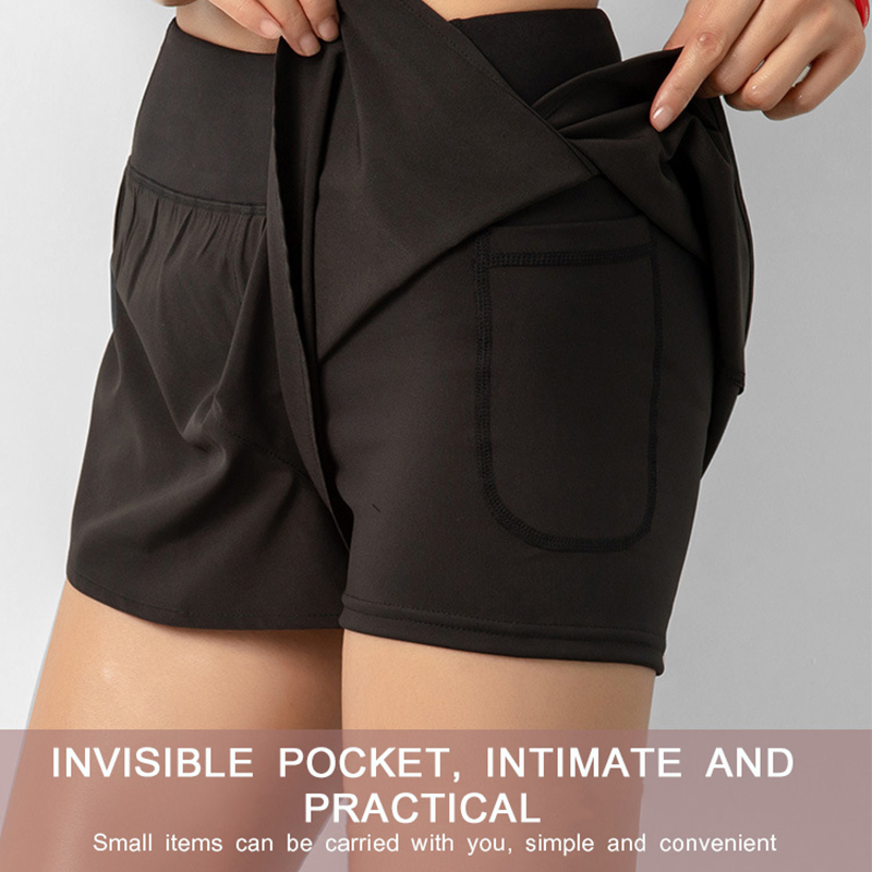 Quần đùi thể thao thiết kế giả hai mảnh có túi thông thoáng nhanh khô tiện dụng cho nữ khi tập yoga thể dục