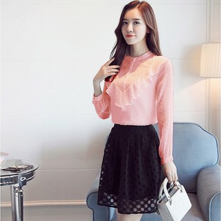 Áo kiểu bi nổi bèo ngực cổ trụ tay dài