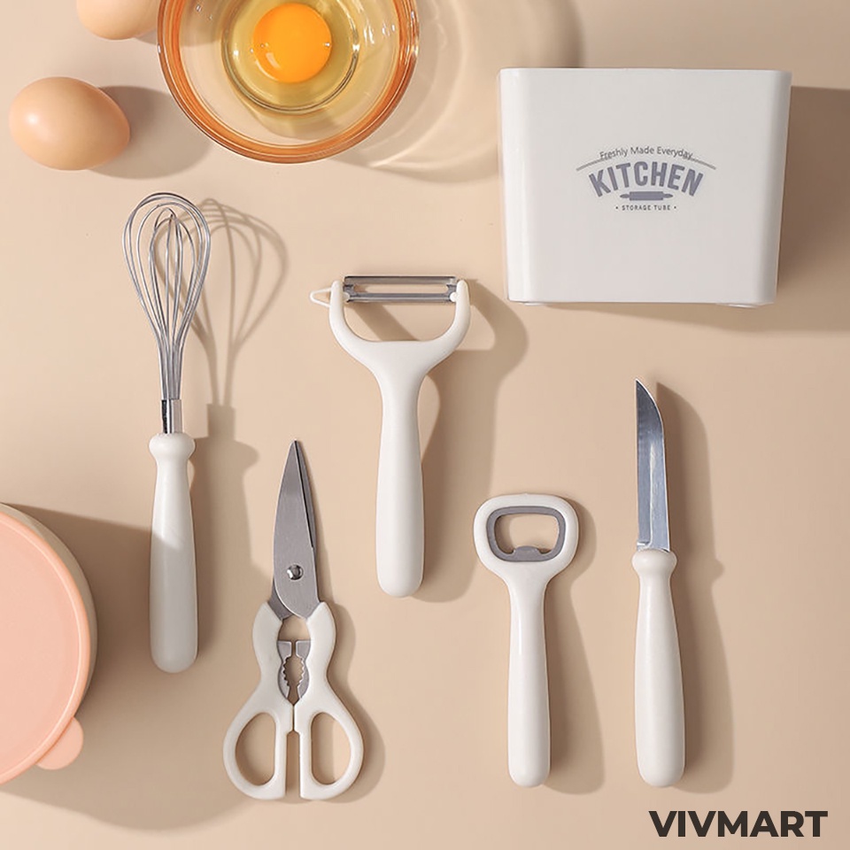 ✅ Bộ Dụng Cụ Nhà Bếp 5 Món Cao Cấp Có Hộp Đựng - Dao, Kéo, Khuấy Bột Đánh Trứng, Gọt Vỏ Củ Quả, Bật Nắp Chai