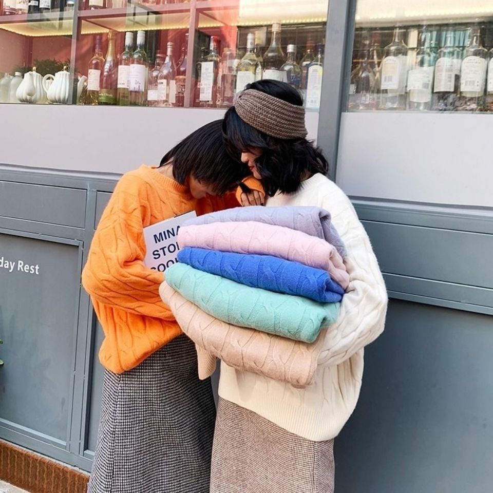 Áo sweater dệt kim dày dáng rộng phong cách Hàn Quốc mới năm 2021